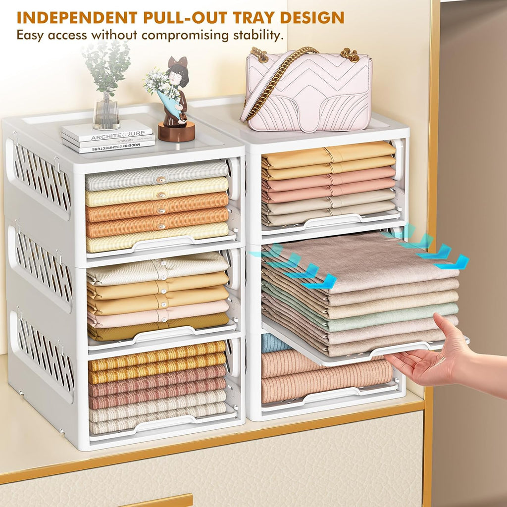 3 Pack Stackable Closet Storage Basket - Stackable Storage Bins, Multifunctional & Foldable Closet Organizer Divided, Wardrobe Cupboard Space-Saving Clothes Storage Hat Organizer, White