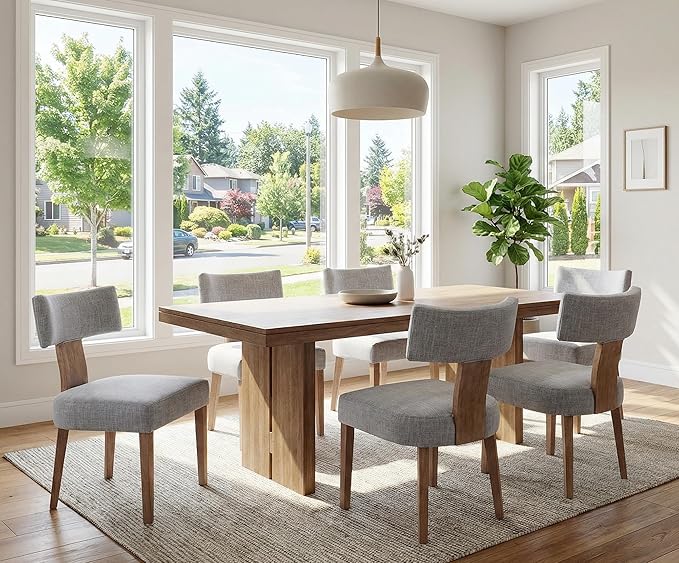 Linen Dining Chairs Set of 6, Modern Dining Chair with Wood Legs, Upholstered Dining Chairs for Dining Room, Kitchen, Vanity, Living Room, Grey