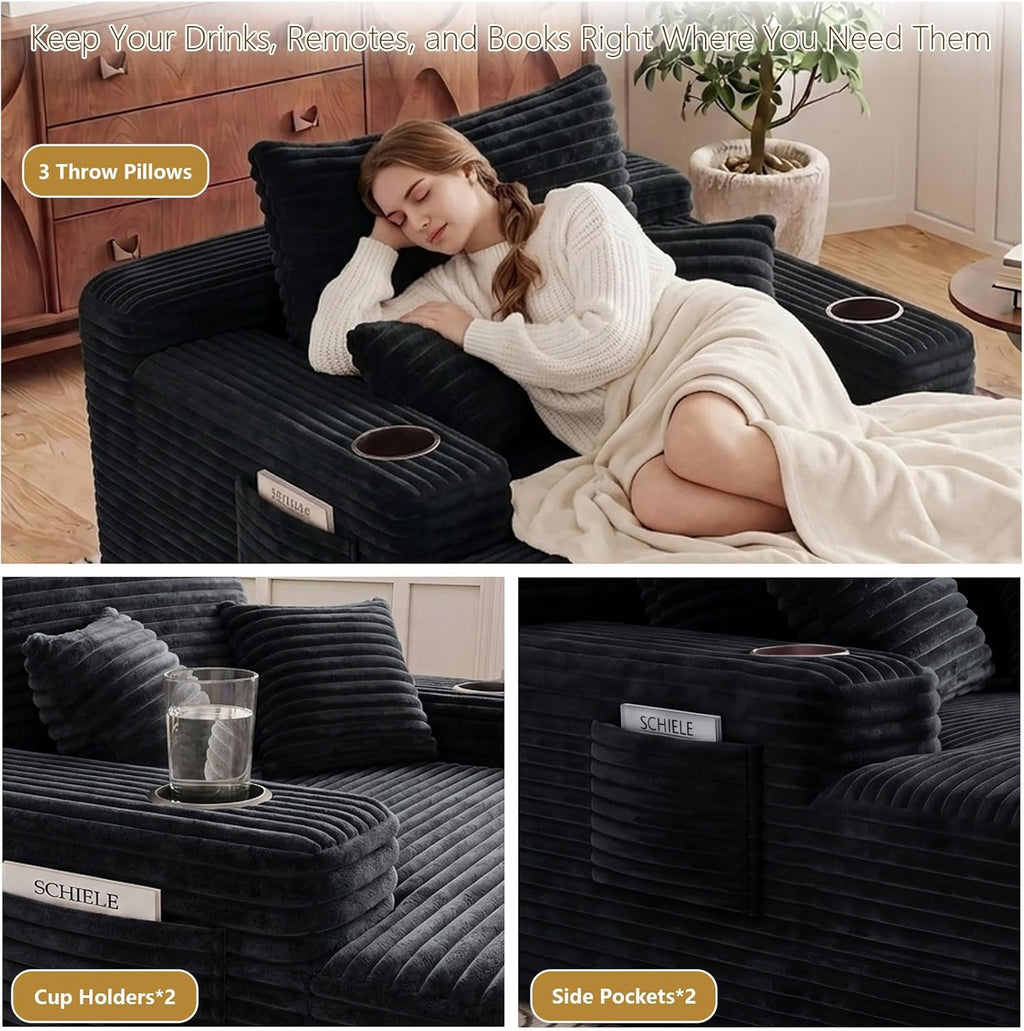 65" Oversized Chaise Lounge Chair Indoor, Boneless Chaise Lounge Chair with Cup Holders Side Pockets 3 Pillows, Cloud Corduroy Chaise Sofa Bed Sleeper Couches for Living Room No Assembly Require,Black