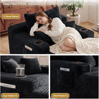 65" Oversized Chaise Lounge Chair Indoor, Boneless Chaise Lounge Chair with Cup Holders Side Pockets 3 Pillows, Cloud Corduroy Chaise Sofa Bed Sleeper Couches for Living Room No Assembly Require,Black