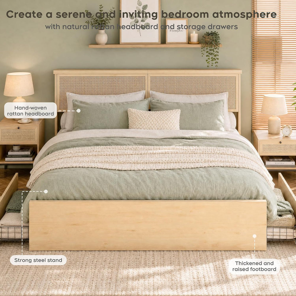 Yechen King Bed Frame with Natural Rattan Headboard and Wooden 4 Storage Draw...