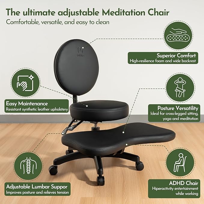 BUBHA Ergonomic Criss Cross Chair, Meditation Chair with Reclining Backrest & Adjustable Height, Cross Legged Office Chair with Wheels, Wide Kneeling Chair Leg Rest,ADHD Desk & Yoga Seat (Black)