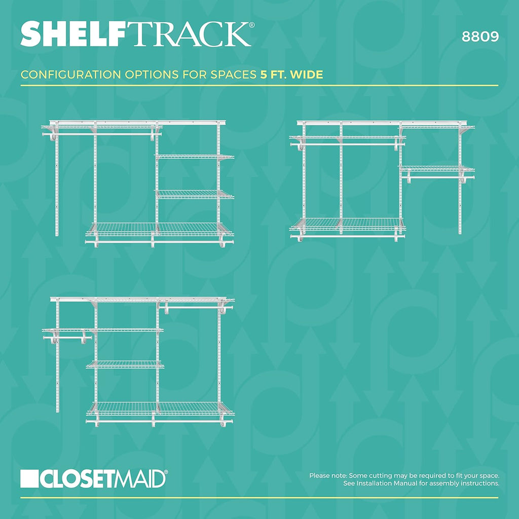 ClosetMaid ShelfTrack Wire Closet Organizer System, Adjustable from 5 to 8 Ft., with Shelves, Clothes Rods, Hardware, Durable Steel, White