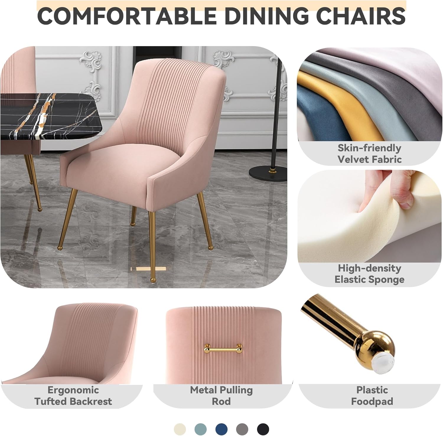 Dining Chairs,Modern Living Room Chairs, Velvet Upholstered Dining Room Chairs with Gold Legs,Tufted Accent Chair Set of 6 for Reception Room Bedroom Study Room(Pink)