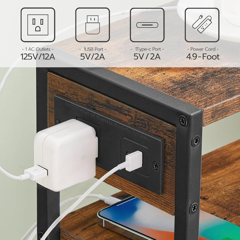 HOOBRO Small Narrow Side Table with Charging Station, Skinny End Table for Sm...