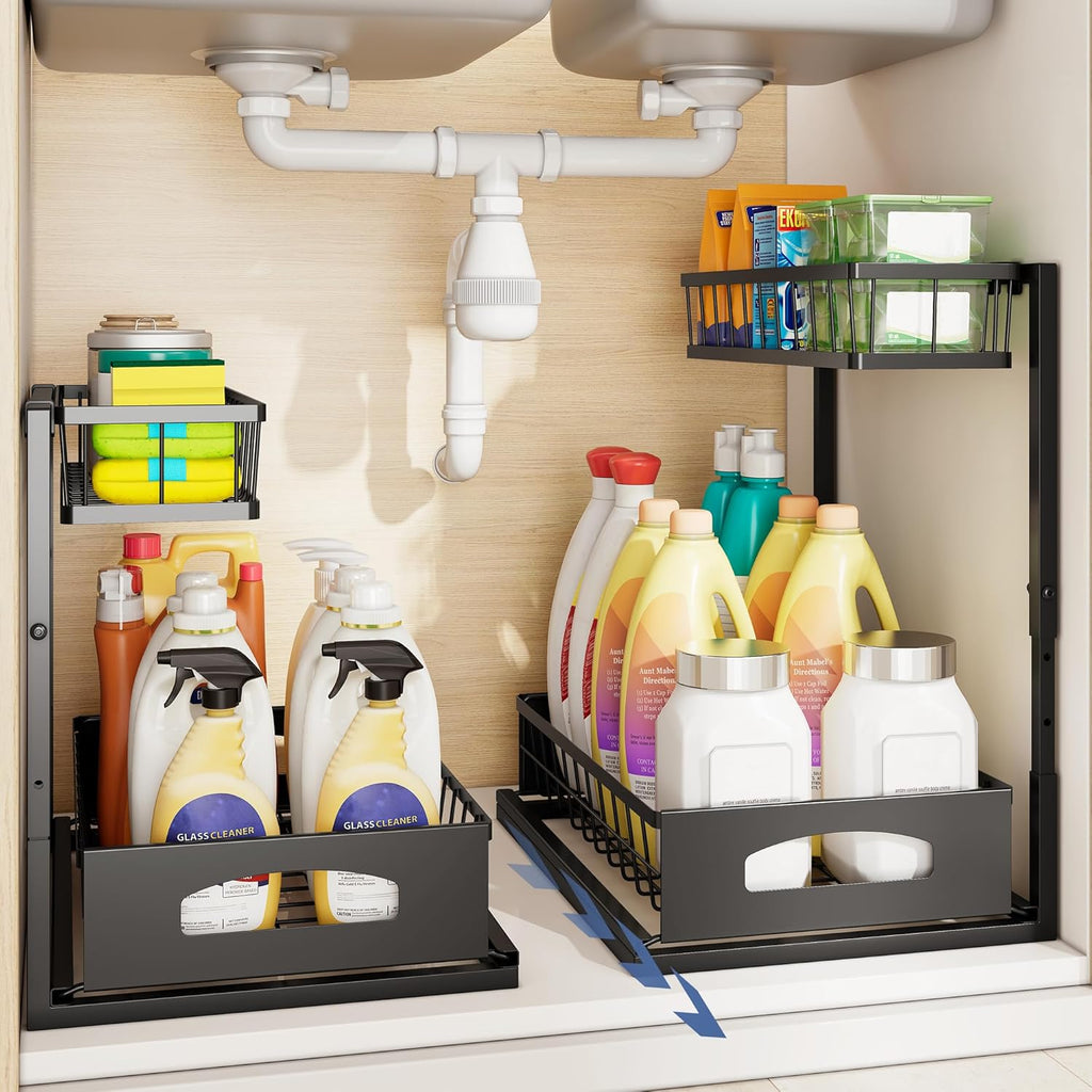 Under Sink Organizer and Storage, Height Adjustable Cabinet Organizer with Slide Out Drawer, Pull Out Under Sink Storage, Multi-Purpose 2 Tier Sink Shelves for Kitchen Bathroom Pantry (Black, 1 Pack)
