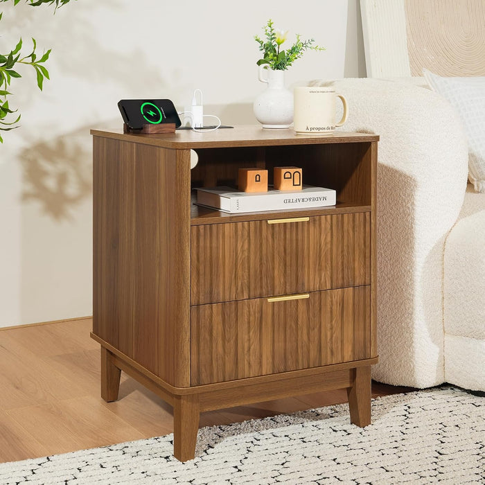 Night Stand Set of 2 with Charger Station, Fluted Nightstand with Drawers and Storage Shelf, Mid Century Modern Bedside Table Nightstands, Large Bed Side Table Wood Night Stands for Bedroom
