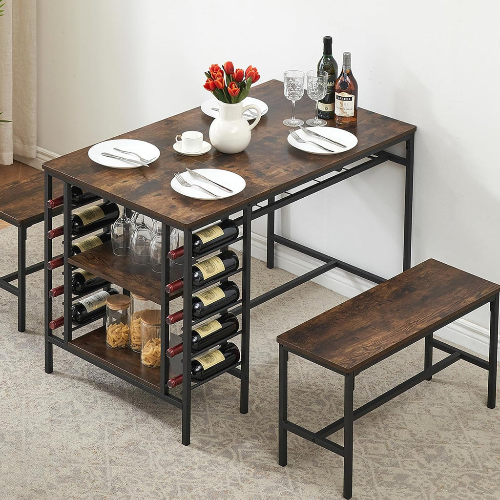 Garvee Dining Table Set for 4, Kitchen Table Set for 4 with 2 Benches, 3 Piece Dining Room Table Set for Small Space Apartment, Retro Brown