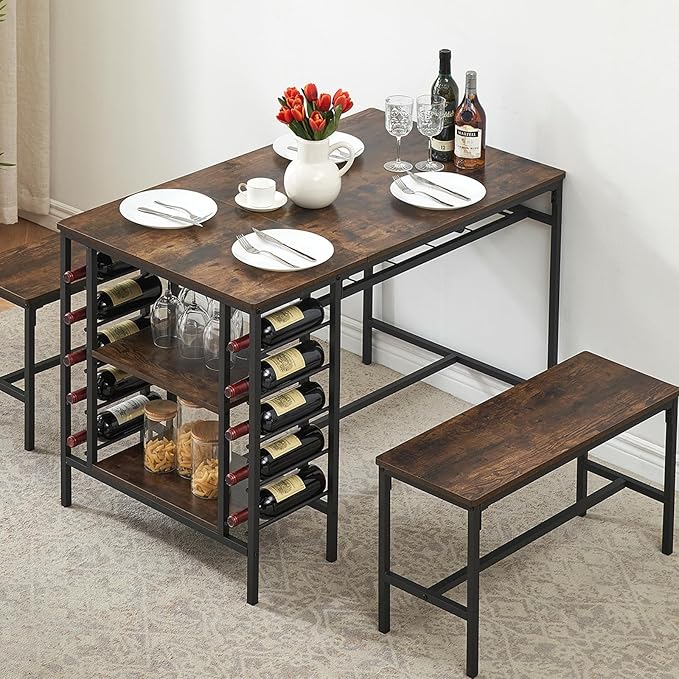 Garvee Dining Table Set for 4, Kitchen Table Set for 4 with 2 Benches, 3 Piece Dining Room Table Set for Small Space Apartment, Retro Brown