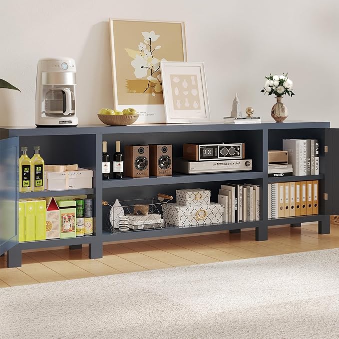 94" W Entertainment Center with Bookshelves & Storage, Large Wall Unit TV Stand for TVs up to 70", Modern White Wood Media Console with Power Hub for Living Room (Blue)