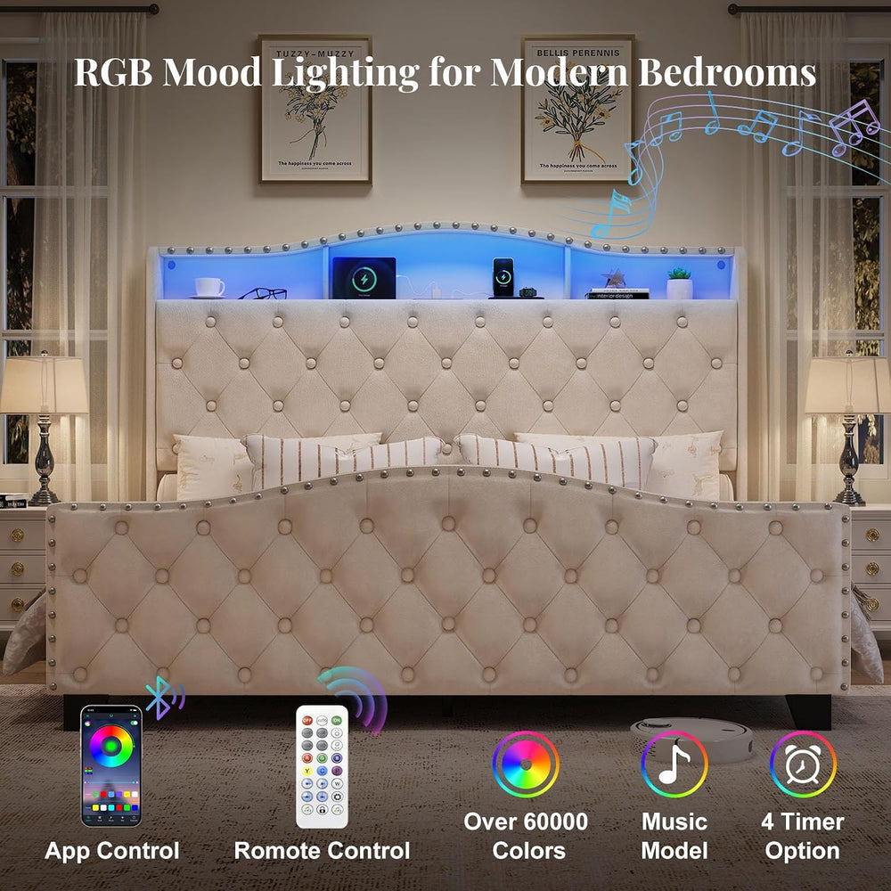 Belffin Queen Size Platform Bed Frame with 50.9" LED Headboard, Beige