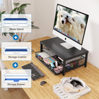 OPNICE Computer Monitor Stand Riser, Desk Organizer with Drawer, Laptop Stand, Office Desk Accessories & Workspace Desktop Organizers Storage for Office Supplies(Black 2-Pack)