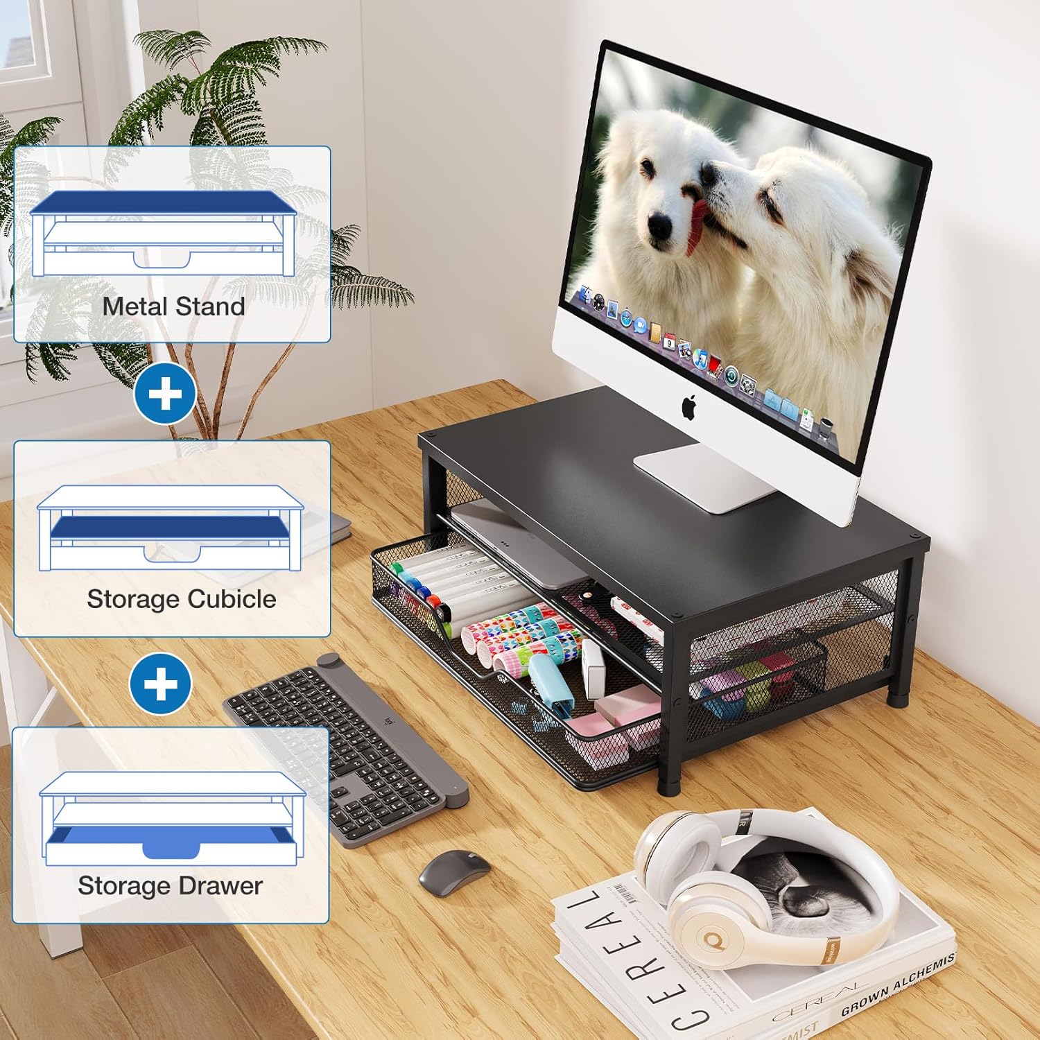 OPNICE Computer Monitor Stand Riser, Desk Organizer with Drawer, Laptop Stand, Office Desk Accessories & Workspace Desktop Organizers Storage for Office Supplies(Black 2-Pack)