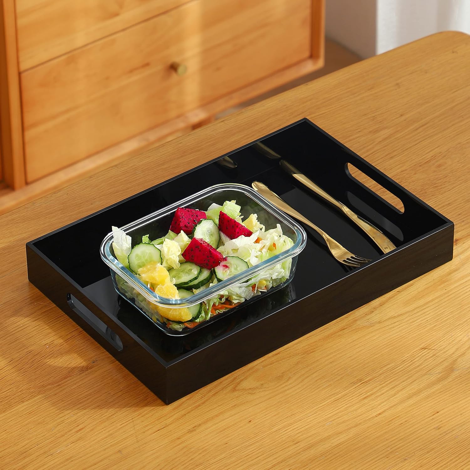 Black Oversize Acrylic Serving Tray with Handles 12x20 Inch -Spill Proof- Decorative Trays Countertop Organizer for Ottoman,Nightstand, Sidetable, Butler (12X20 Inch, Black)