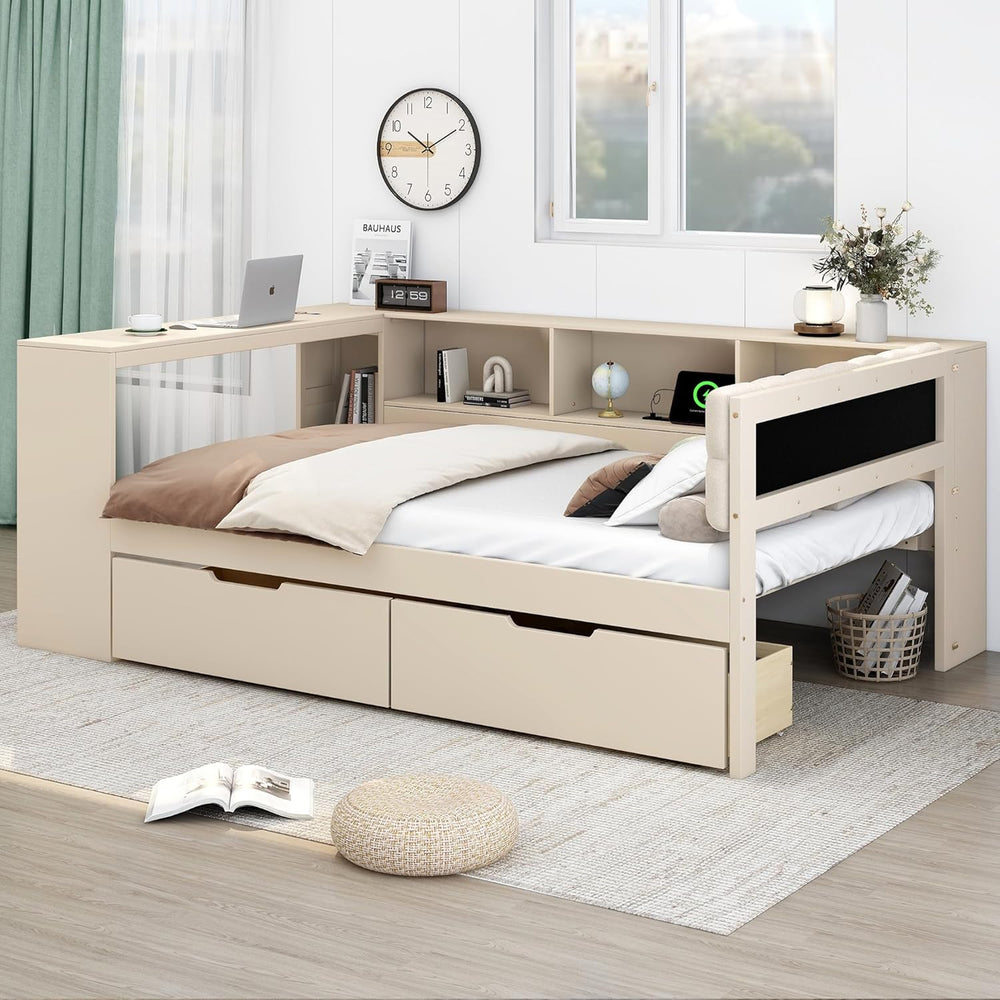 Tidyard Wood Full Size Platform Bed with Storage Shelves Drawers and USB Char...