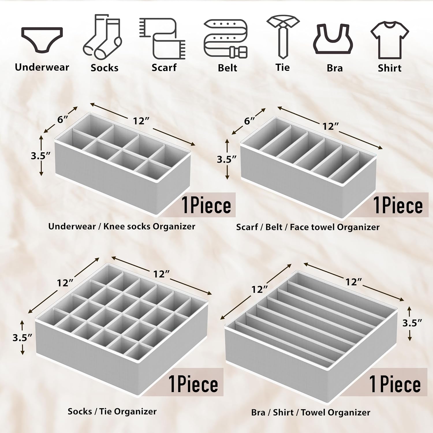 Simple Houseware 4-Pack Drawer Organizer Set - Closet Dividers for Underwear, Socks, Bras, Scarves, Ties - Foldable Non-Woven Storage Boxes, Gray