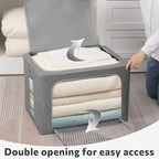 FHSQX Extra Large Clothes Storage Bins Foldable Metal Frame Storage Box Stackable Linen Fabric Box Organizer Set with Carrying Handles and Clear Window -100L (Gray, 23.6x 16.5x 15.7 Inch)