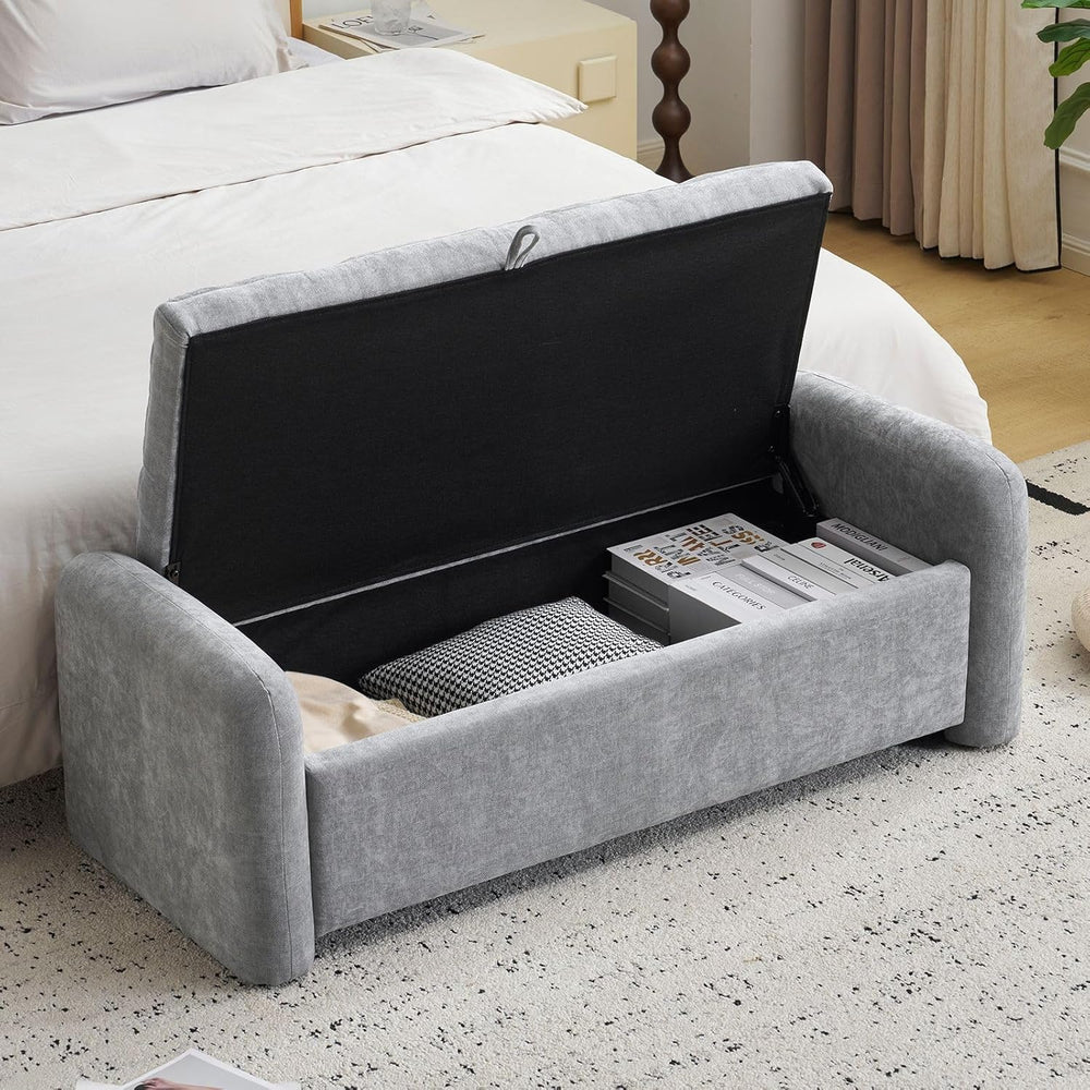 Oversized Chenille Ottoman Bench with Storage, Upholstered End of Bed Bench f...