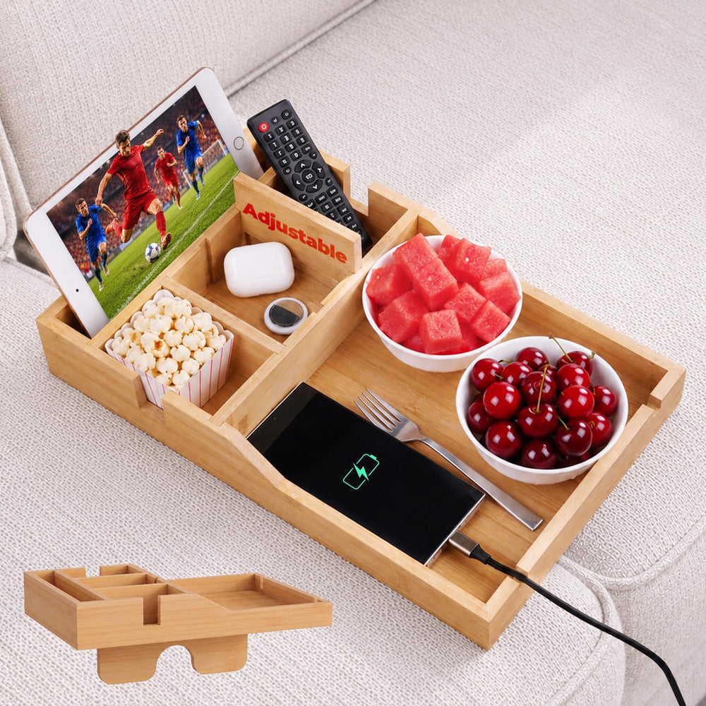Couch Tray, 2-in-1 Insert & Flat Sofa Organizer Bamboo with Adjustable Cu...