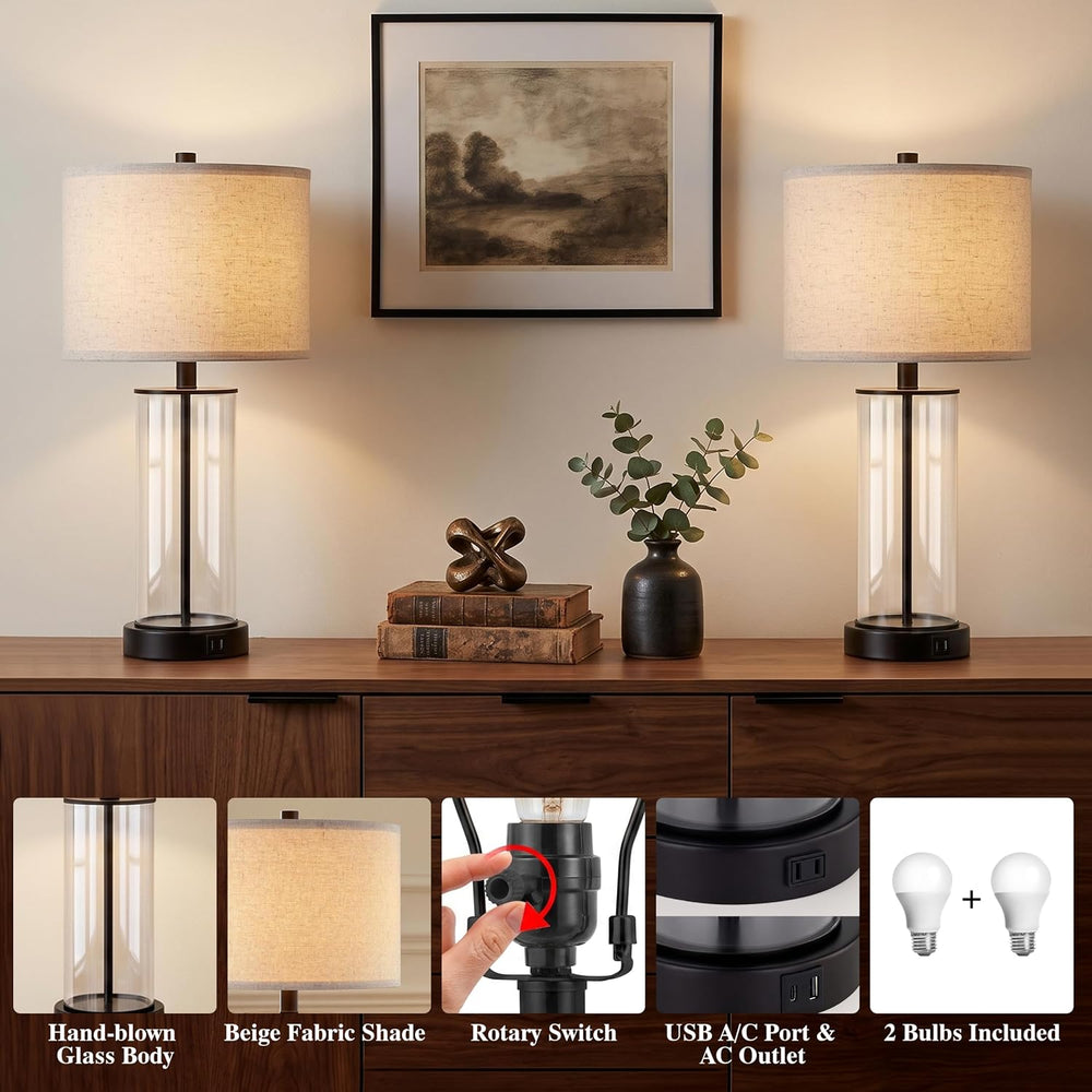 Kyrid 23.5'' Glass Table Lamp Set of 2 for Living Room with USB Ports...
