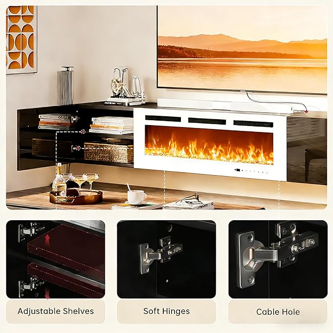MXV 80'' Floating TV Stand, Modern Media Entertainment Center with 40" Electric Fireplace, TV Console Cabinet Wall Mounted, Adjustable 12-Color LED Lights, for Living Room, Black + White