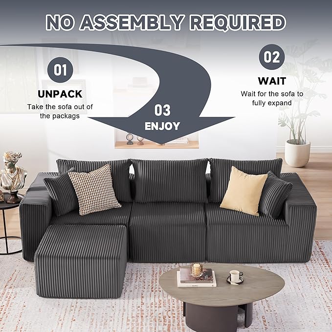 107.4" Cloud Couch Sectional, Modular Sofa with Deep Seat, Plush Corduroy L Shaped Boneless Couch, Convertible Sectional Couches for Living Room, 4Seat, Darkgrey