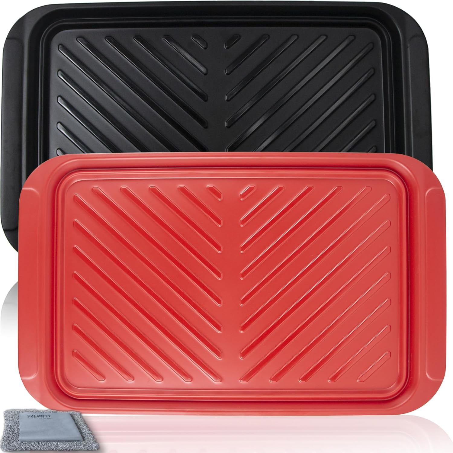 Grilling Prep and Serve Trays, BBQ Platter for Raw and Cooked Food, Melamine Serving Trays for Food, Set of 2, Black and Red, Napkin and Cleaning Clothes Included