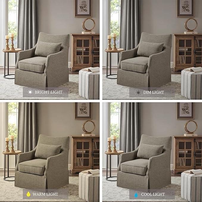 Martha Stewart London Swivel Chair - Solid Wood & Plywood, Skirted Metal Base Accent Armchair, Lumbar Pillow -Modern Classic Family Room Sofa Furniture Bedroom Lounge, 28"X31.5"X35.25", Tan Multi