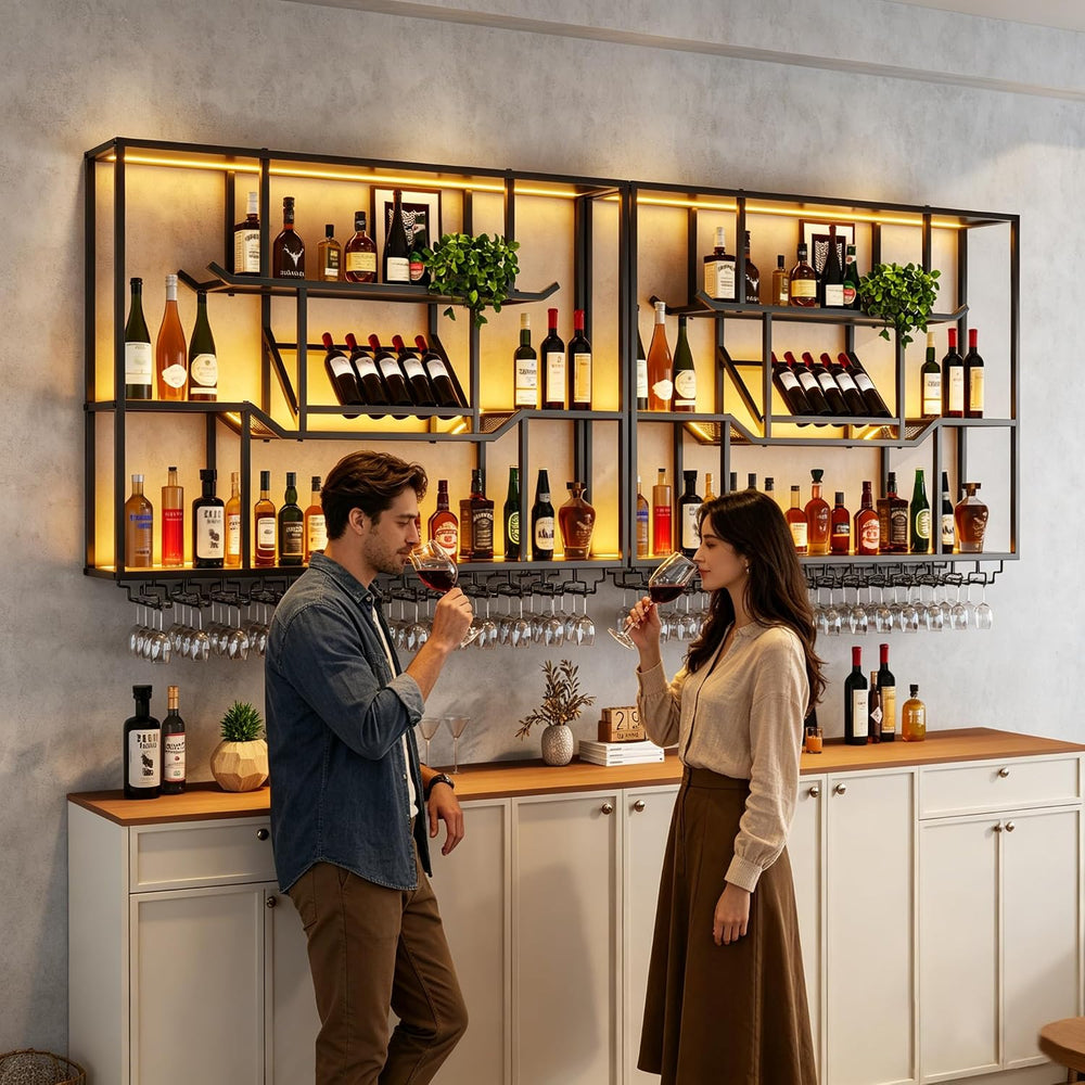63-inch LED Wall Wine Rack, Modern Metal Display Rack for Bar | With 3 floati...