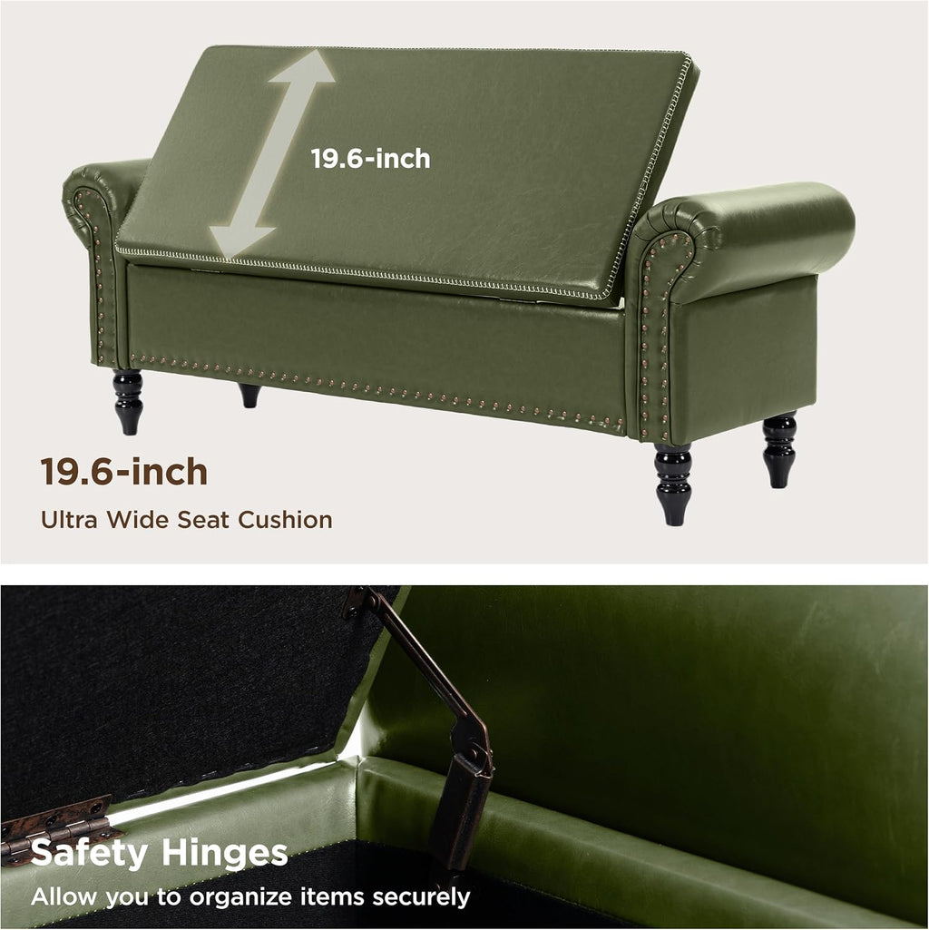 FiveWillowise 64” Storage Benches, End of Bed Bench with Storage,Dark Green | Large Upholstered Storage Ottoman with Tufted, Faux Leather Window Bench with Nailhead Trim for Bedroom, Entryway, Closet