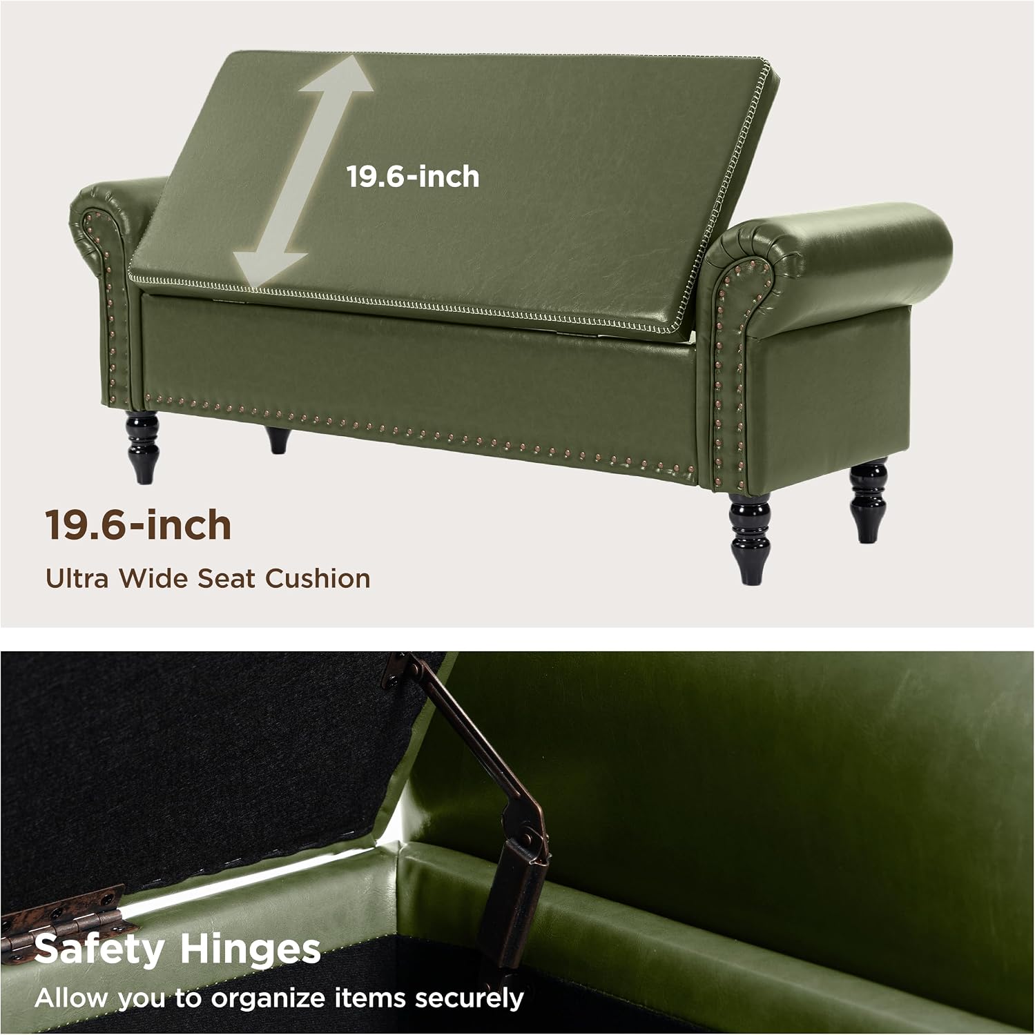 FiveWillowise 64” Storage Benches, End of Bed Bench with Storage,Dark Green | Large Upholstered Storage Ottoman with Tufted, Faux Leather Window Bench with Nailhead Trim for Bedroom, Entryway, Closet