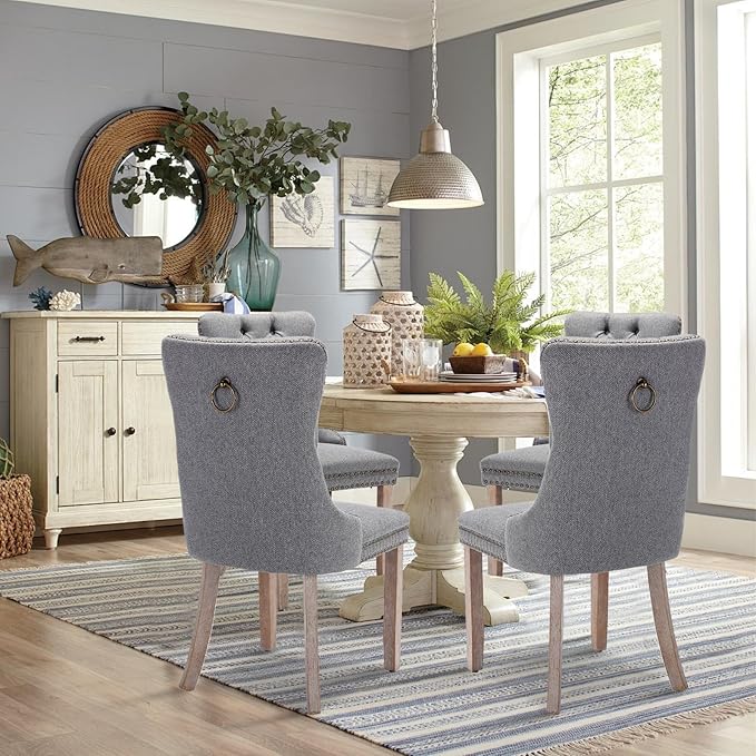 Linen Upholstered Dining Chairs Set of 4, Modern Style Kitchen Side Chairs with Nailhead Trim and Wood Leg, Metal Pulling Ring for Dining Room Living Room(Smoky Gray,Set of 4)