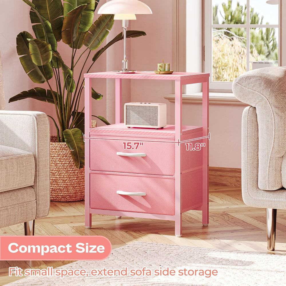 Huuger Nightstand with Charging Station, Side Table with Fabric Drawers, End ...