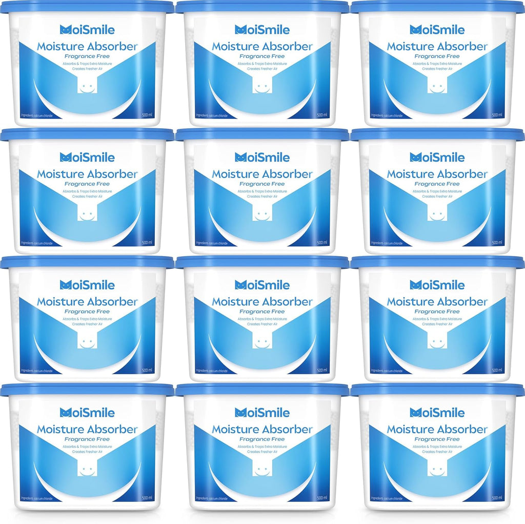 Moisture Absorbers 12 Pack, Fragrance-Free Closet Dehumidifier for Bathroom, Car ＆ Basement, 10.5 oz Refillable Humidity Absorber Boxes