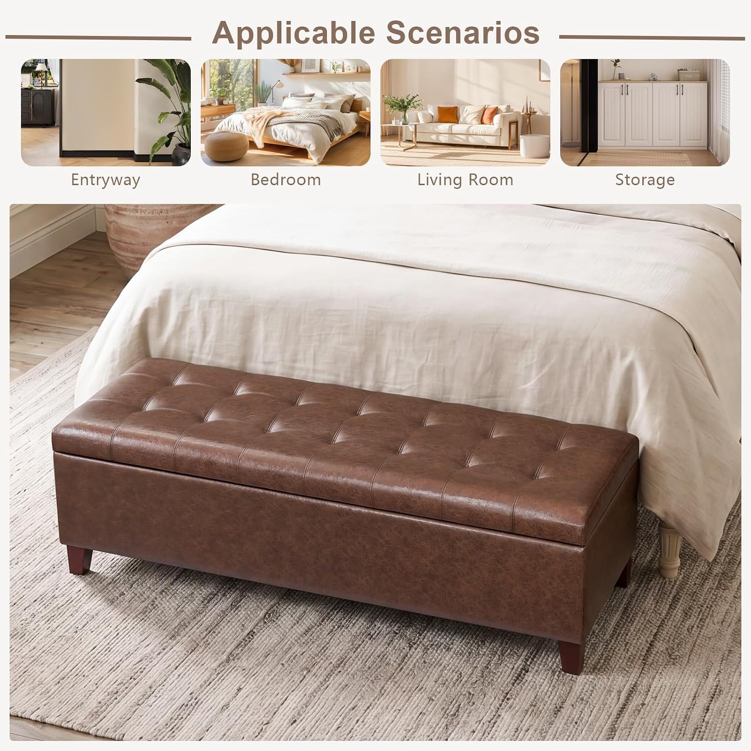 Joveco 51 Inch Storage Bench,Leather Tufted Storage Ottoman with Legs | Safety Hinges,Wooden Legs,Hidden Storage,Upholstered,End of Bed,Bedroom,Living Room,Entryway