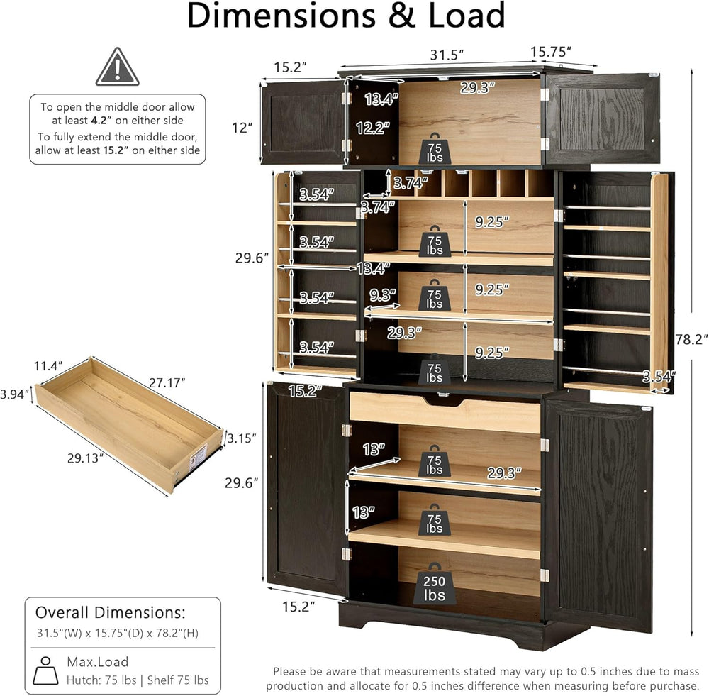 Virubi 78" Farmhouse Tall Kitchen Pantry Cabinet, Wood Storage Cabinets ...