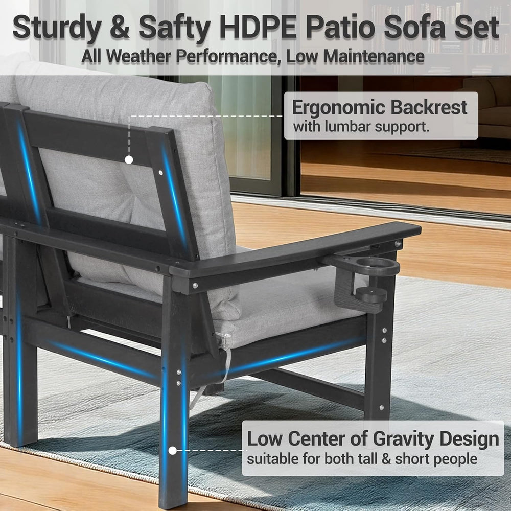 HDPE Patio Armchairs Set of 2 w/Cup Holeder, Outdoor Sectional Couch w/Thick ...