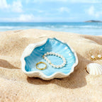 Seashell Ceramic Jewelry Trinket Tray, Blue White Decorative Ring Holder Dish for Rings Earrings Necklaces, Women’s Birthday Gift, Mother’s Day Present