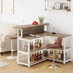 L-Shaped Home Bar Unit, Bar Table with Storage, Brown & White | Wine Glasses Holder and LED Light, Kitchen & Dining Counter Tables for Home, Pub