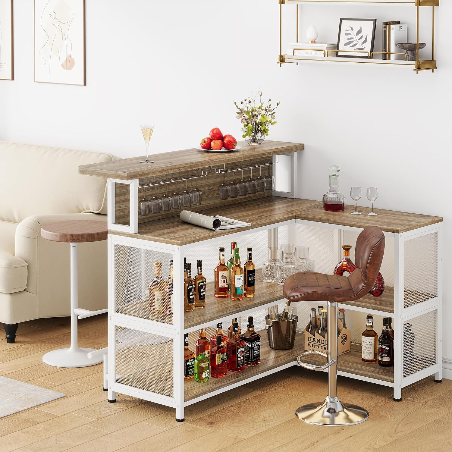 L-Shaped Home Bar Unit, Bar Table with Storage, Brown & White | Wine Glasses Holder and LED Light, Kitchen & Dining Counter Tables for Home, Pub