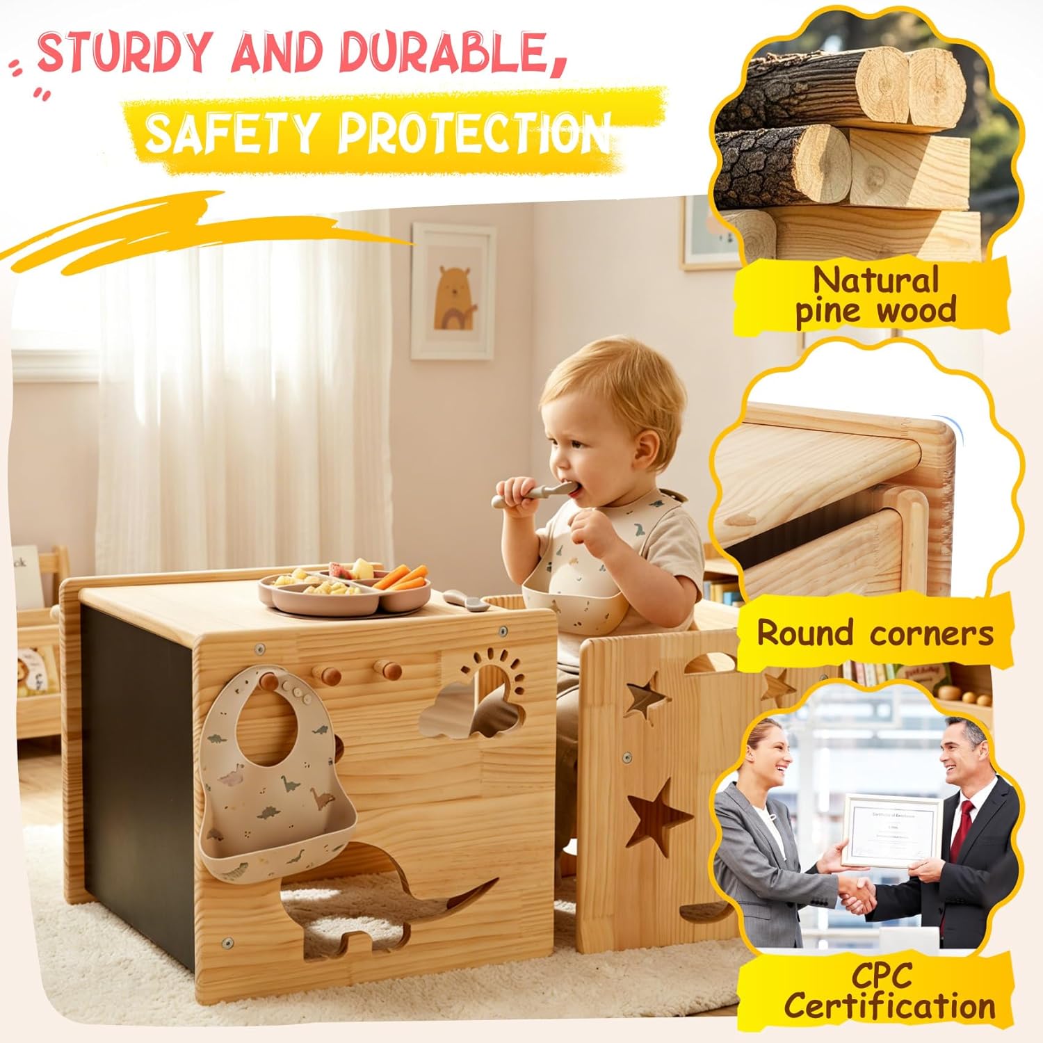 Montessori Weaning Table and Chair Set for Toddlers Age 1-3,with Blackboard | Flip Stool to Adjust Height, Storage Hooks, Puzzle Storage Boards, Natural Wood,CPC Certification,for Dining,Painting,Reading