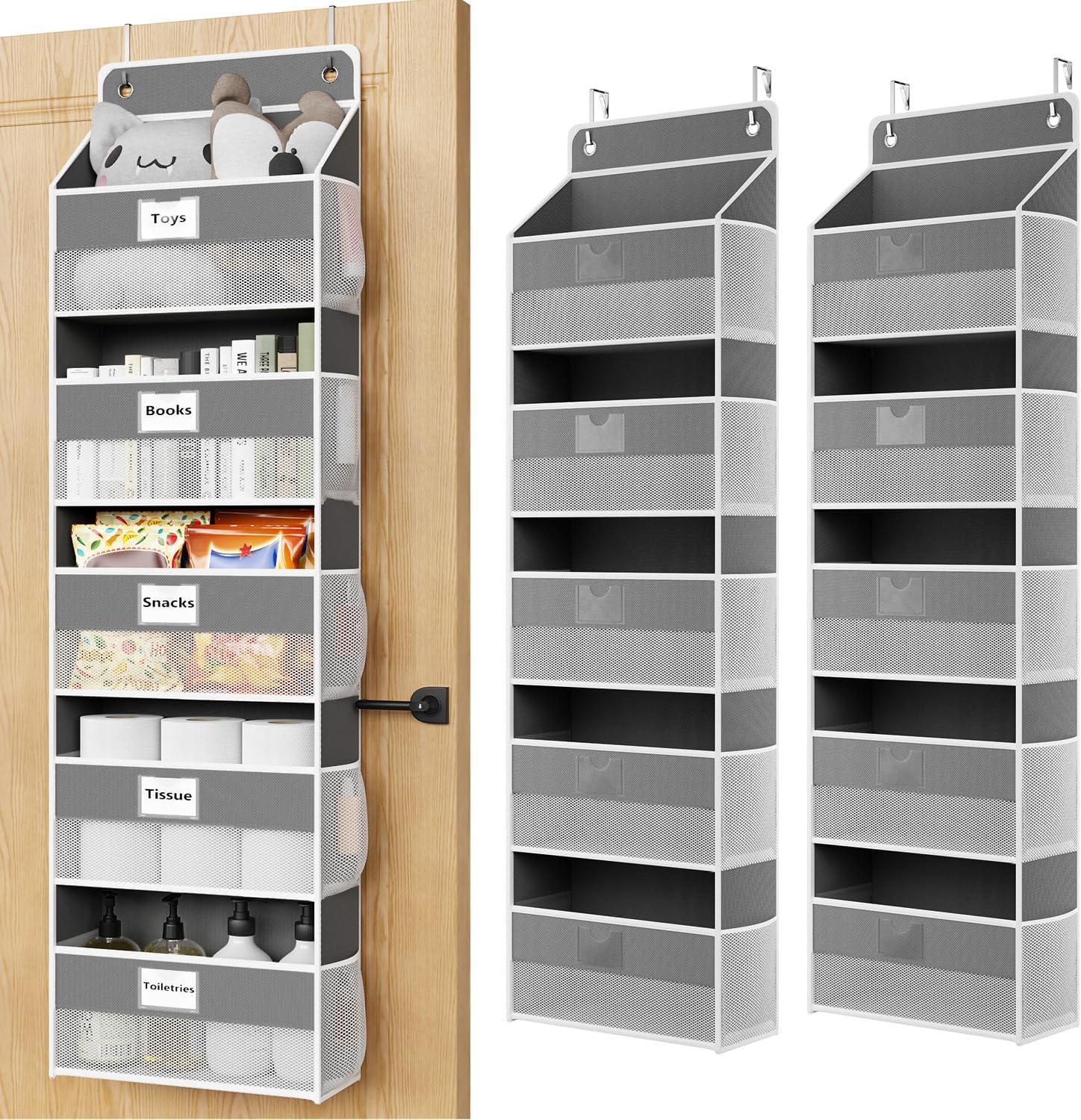 Over The Door Organizer Hanging, 2 Pack 5 Shelf Behind The Doors Storage, Pantry Door Organizer, Closet Organizers for Bedroom and Nursery (Dark Grey)