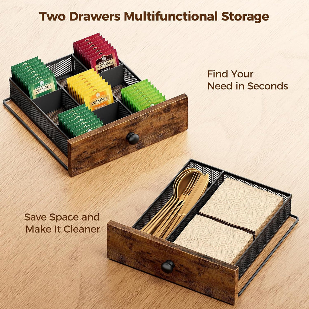 Plaviya Wood Tea Bag Organizer with 2 Drawers for Countertop | Tea Bag Holder and Storage, 9 Compartments, Utility, Home, Kitchen, Office, Rustic Brown