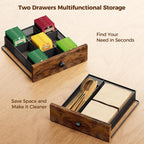 Plaviya Wood Tea Bag Organizer with 2 Drawers for Countertop | Tea Bag Holder and Storage, 9 Compartments, Utility, Home, Kitchen, Office, Rustic Brown