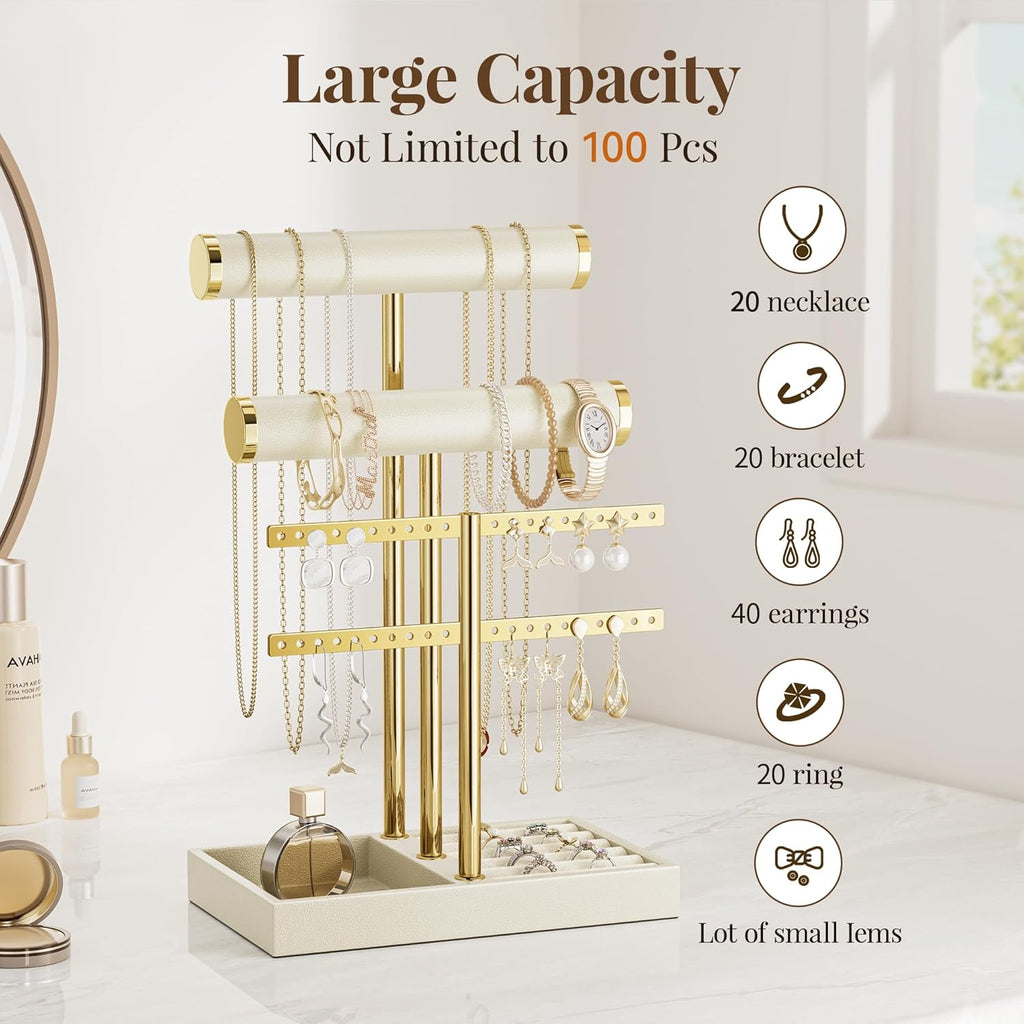 3 Tier Bracelet Holder Display - Beige Leather Bracelet Holder, Detachable T Bar Jewelry Holder Organizer for Bracelet, Necklace, Earrings, Rings, Watches, Bangle
