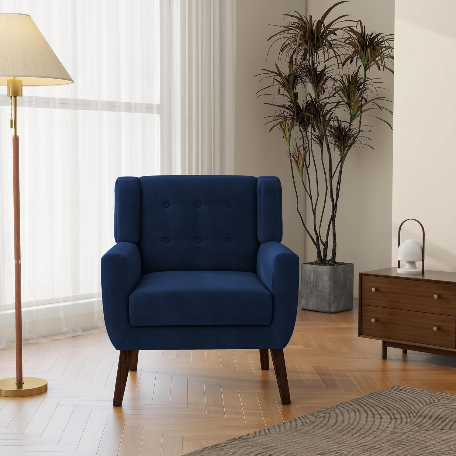Mid-Century Modern Velvet Accent Chair, Royal Blue, Set of 1 | High Resilience Sponge Cushion | Soft Velvet Upholstery | Solid Wood Frame | For Living Room Bedroom, & Small Spaces