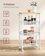VASAGLE Slim Rolling Cart, 4-Tier Storage Cart, Narrow Cart with Handle, 8.7 Inches Deep, Metal Frame, for Kitchen, Dining Room, Living Room, Home Office, Oak Beige and Classic White ULRC033W09