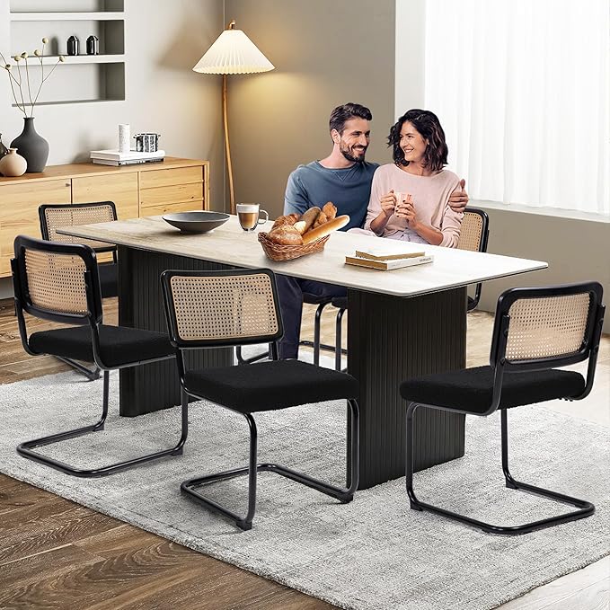 Dining Chairs Set of 2, Modern Rattan Kitchen Chairs, Mid Century Modern Design, Polished Chrome Frame, Upholstered Seat, Black