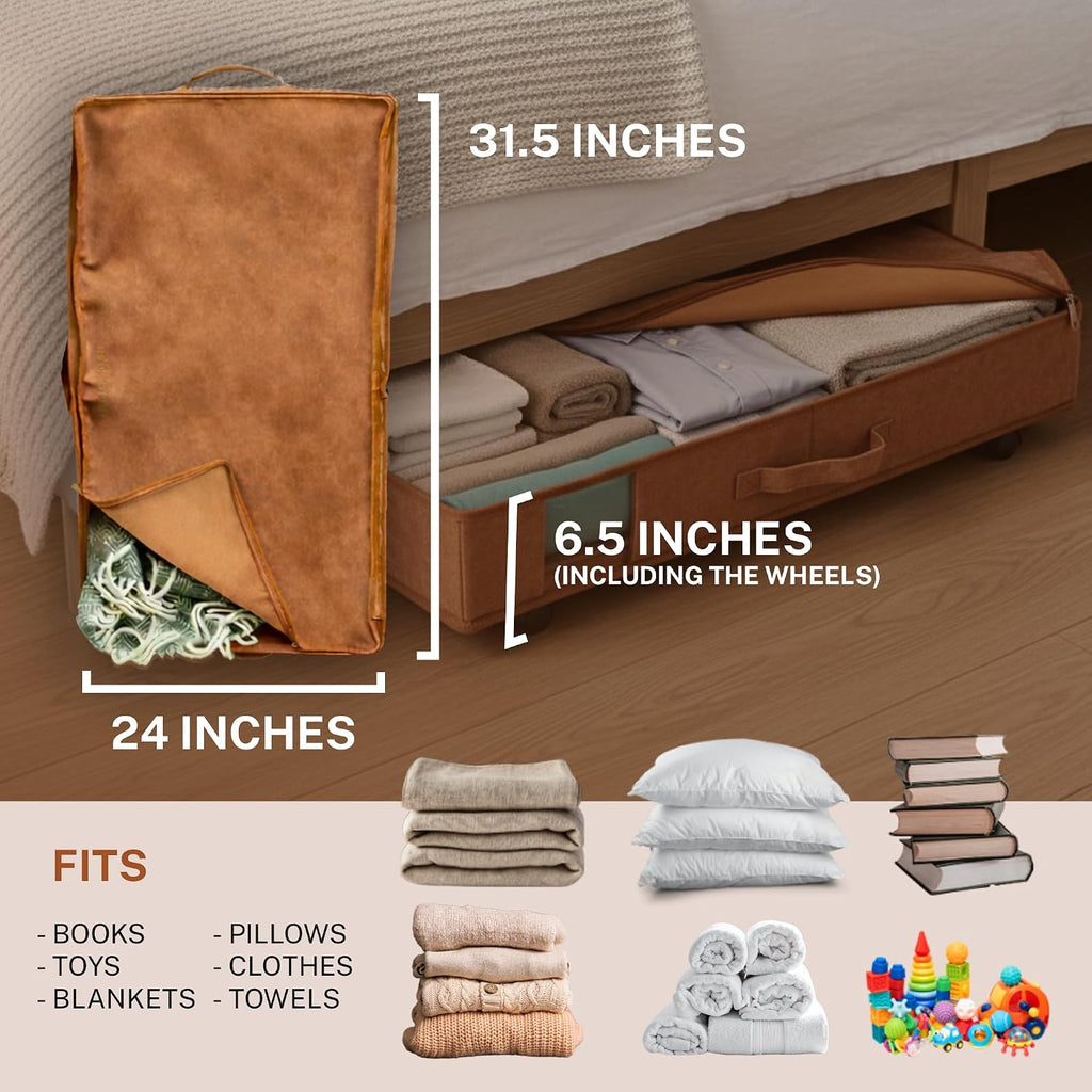 Premium Vegan Leather Under Bed Storage with Wheels | Low Profile Rolling Storage Box with Metal Frame | Pull-Out Underbed Organizer for Clothes, Shoes & Books | Space-Saving Storage Solution