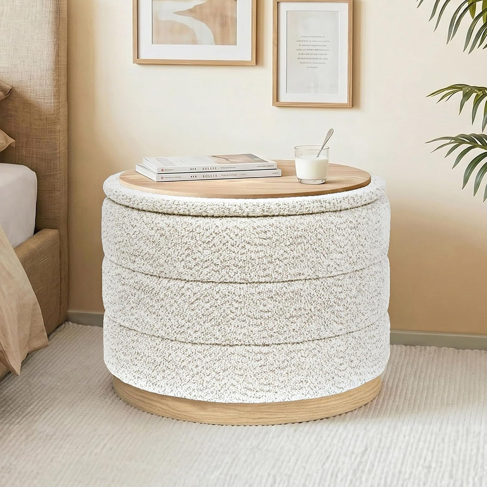 Round Storage Ottoman with Tray Lid, Folding Chenille Fabric Footrest with Hi...